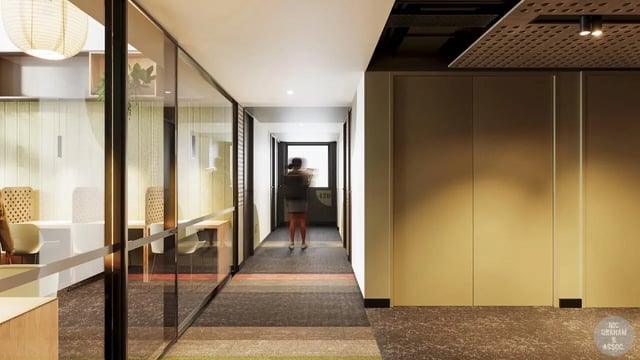 Hallway with study nooks and glass walls hallway at EPIISOD Macquarie Park in Sydney Student Accommodation