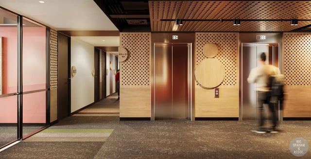 Elevator bank with wood paneling and numbered doors hallway corridor exterior at EPIISOD Macquarie Park in Sydney Student Accommodation