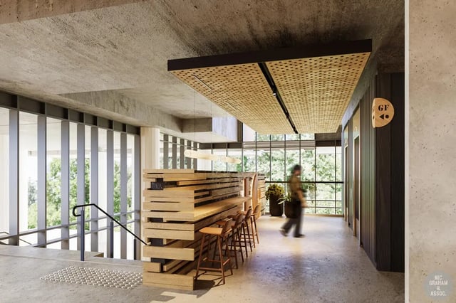 Wooden bar with stools reception area hallway at EPIISOD Macquarie Park in Sydney Student Accommodation