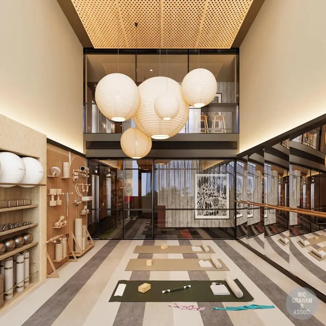 Yoga mats weights shelves and lamps communal area at EPIISOD Macquarie Park in Sydney Student Accommodation