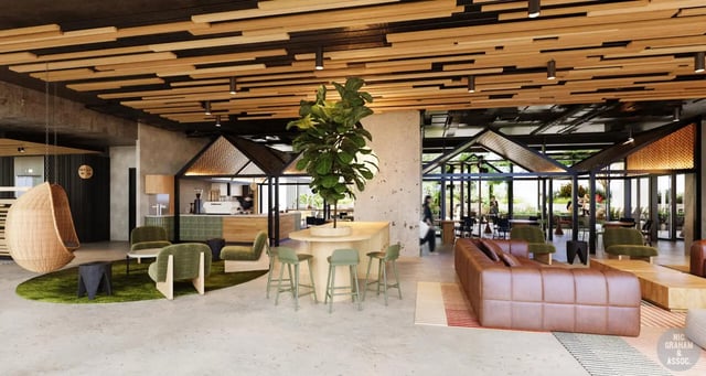 Seating area with modern furniture and plants communal area at EPIISOD Macquarie Park in Sydney Student Accommodation