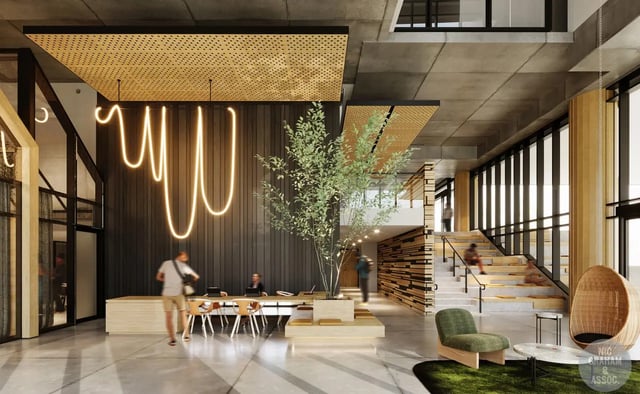 Reception desk with seating and plants lobby at EPIISOD Macquarie Park in Sydney Student Accommodation
