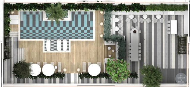 Pool lounge chairs dining tables and green space exterior at EPIISOD Macquarie Park in Sydney Student Accommodation