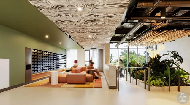 Mailboxes lounge seating and plants communal area at EPIISOD Macquarie Park in Sydney Student Accommodation