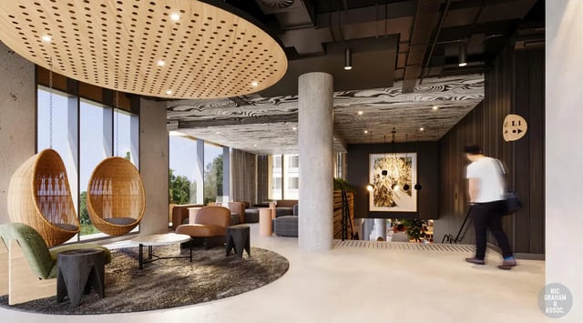 Wicker egg chairs and sofa lounge common area at EPIISOD Macquarie Park in Sydney Student Accommodation