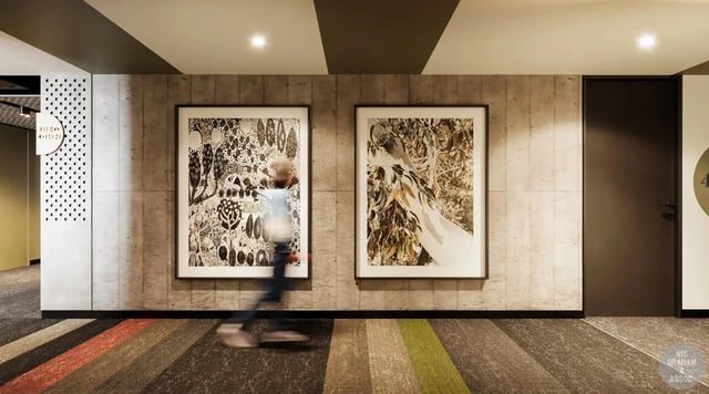 Two framed artworks a person hallway exterior at EPIISOD Macquarie Park in Sydney Student Accommodation