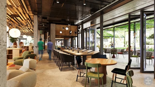 Modern communal dining tables chairs lounge seating communal area at EPIISOD Macquarie Park in Sydney Student Accommodation