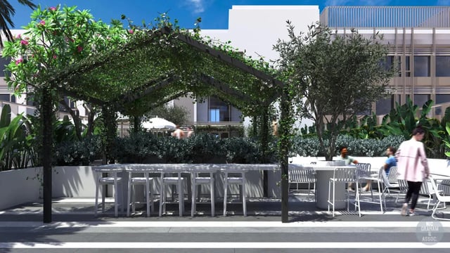 Bar with stools and seating area exterior at EPIISOD Macquarie Park in Sydney Student Accommodation