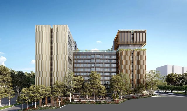 Modern building with balconies and trees exterior at EPIISOD Macquarie Park in Sydney Student Accommodation