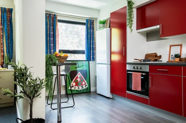 Red cabinets white fridge pizza poster kitchen at Rahere Court in London Student Accommodation
