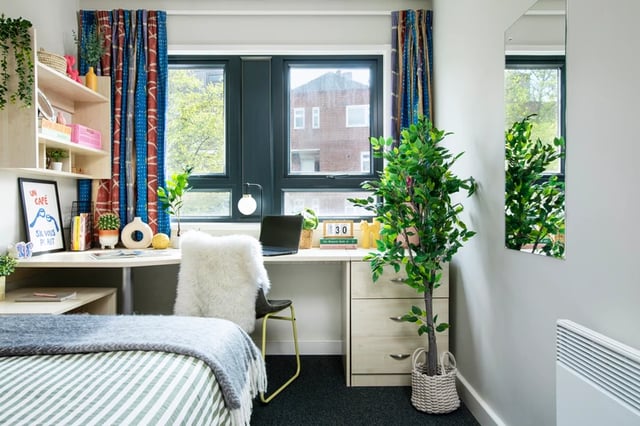 Bed desk chair plants and window bedroom at Rahere Court in London Student Accommodation