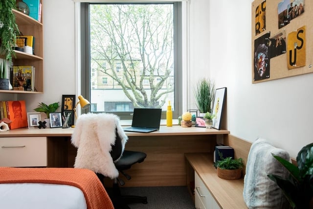 Desk with laptop chair photos and plant study area at Wellington Lodge in London Student Accommodation