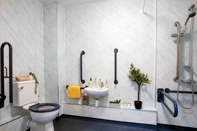 Toilet sink shower grab bars and plant bathroom at Piccadilly Court in London Student Accommodation