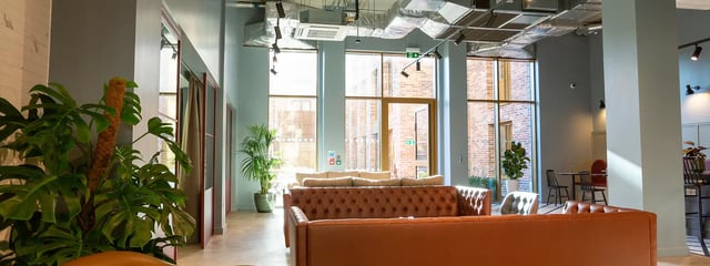 Chesterfield sofas large plants and windows living room at The Valentine London in London Student Accommodation