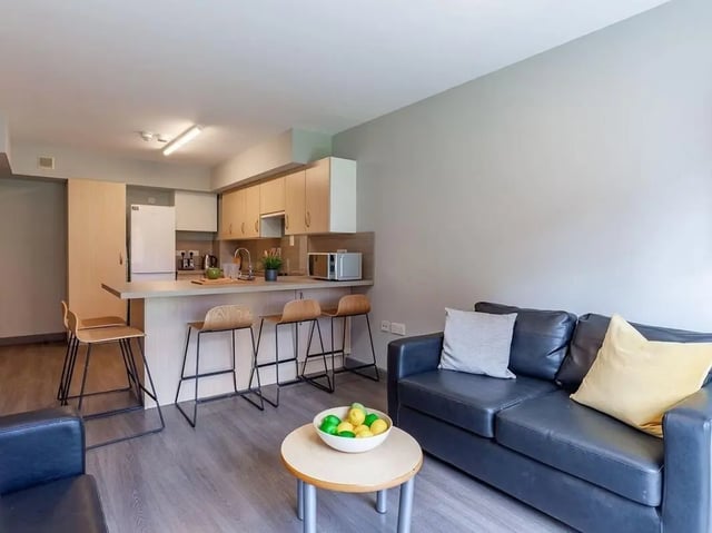 Kitchen area with sofa living room at The Forge in Sheffield Student Accommodation