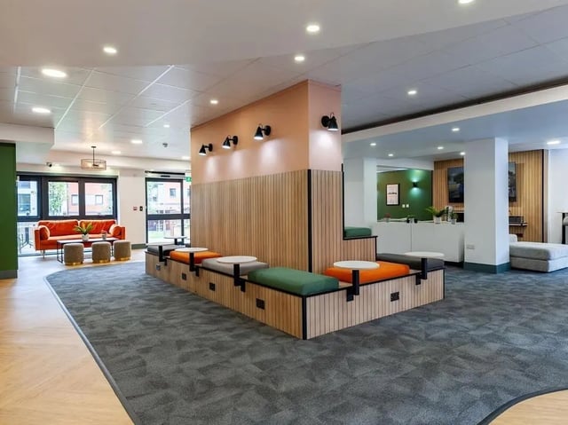 Sofa built-in seating tables living room at The Forge in Sheffield Student Accommodation