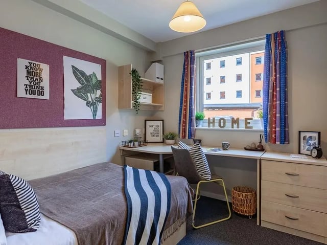 Bed desk corkboard and drawers student room at The Forge in Sheffield Student Accommodation