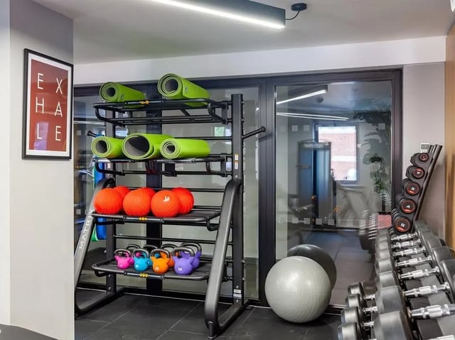Yoga mats medicine balls kettlebells gym at Devonshire Courtyard in Sheffield Student Accommodation