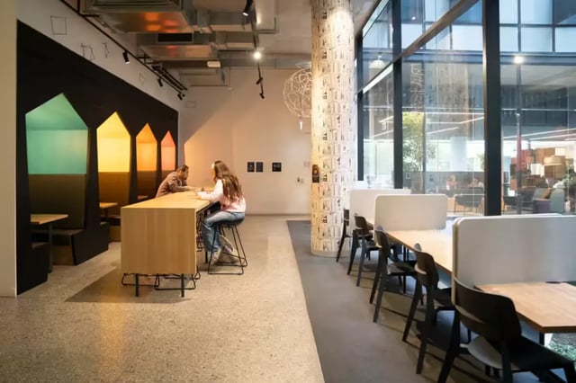Seating booths bar counter students study area at Scape Uni Square in Melbourne Student Accommodation