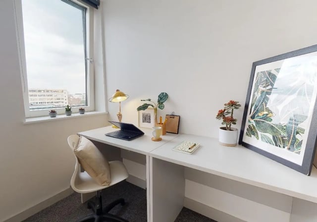Desk laptop lamp plants framed art study area at iQ Newtown House in Nottingham Student Accommodation