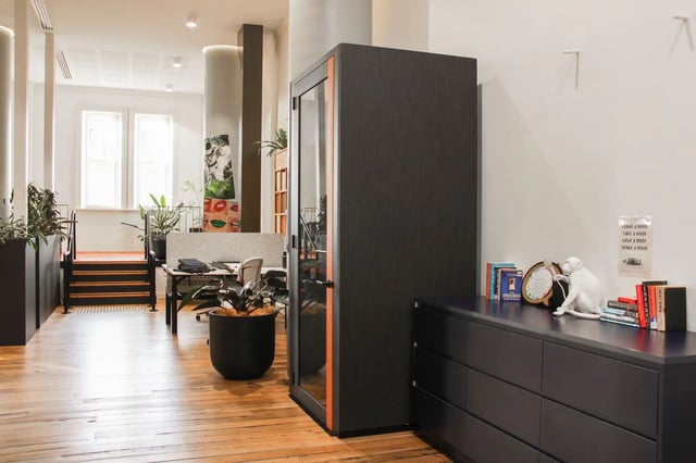 Soundproof pod desk and plants communal area at The Switch Adelaide in Adelaide Student Accommodation