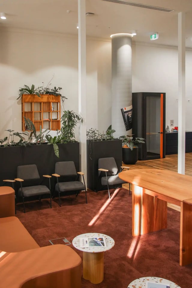 Chairs plants wooden table lounge area living room at The Switch Adelaide in Adelaide Student Accommodation