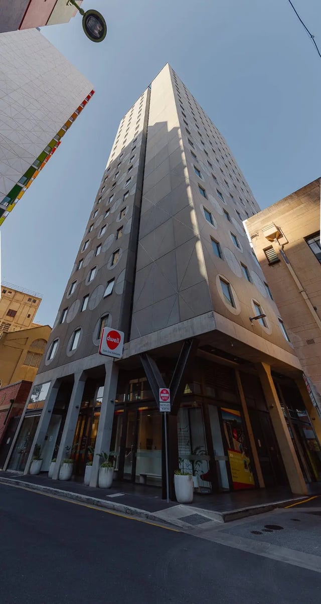 Modern Dwell building with large windows exterior exterior at dwell East End Adelaide in Adelaide Student Accommodation