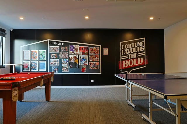 Pool table ping pong table and wall art common area at dwell East End Adelaide in Adelaide Student Accommodation