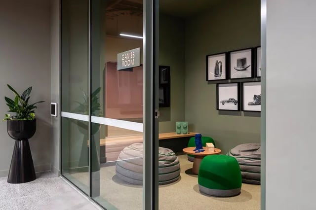 Beanbags table framed art games room at Campus House in Melbourne Student Accommodation