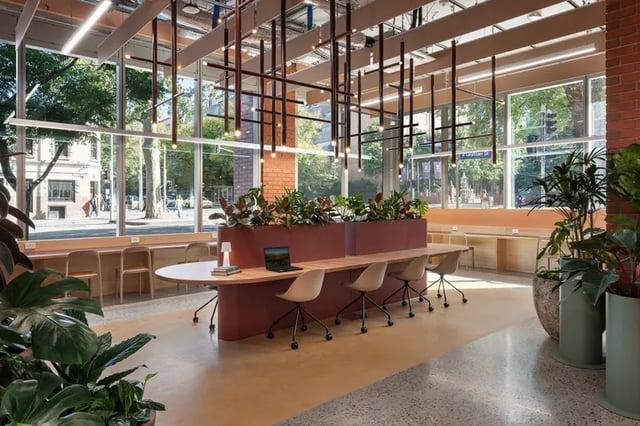 Desks with chairs plants and laptop communal study area at Campus House in Melbourne Student Accommodation