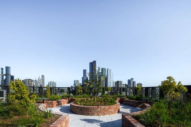 Rooftop garden with city view exterior at Campus House in Melbourne Student Accommodation