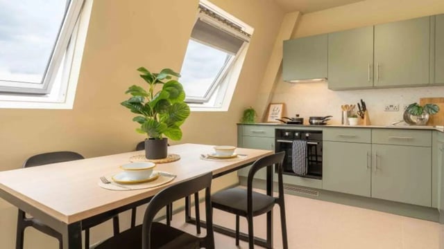 Table with chairs plants and kitchen area dining kitchen at iQ The Arcade in London Student Accommodation