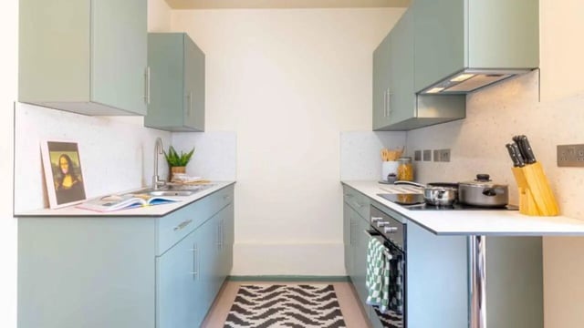 Mona Lisa artwork sink and pots kitchen area at iQ The Arcade in London Student Accommodation