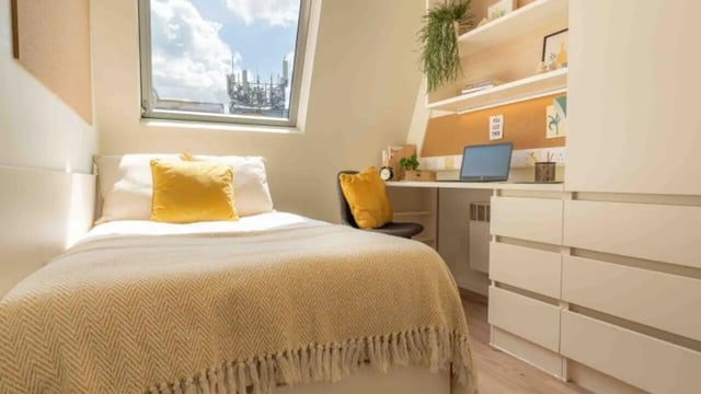 Bed desk chair storage laptop window bedroom at iQ The Arcade in London Student Accommodation