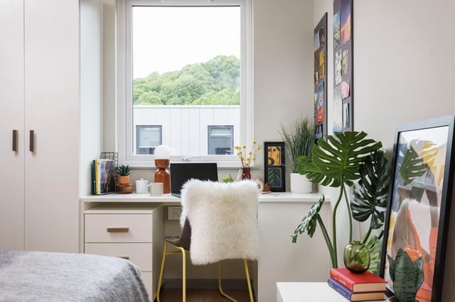 Desk with laptop chair plants and art study area at Houghall Court in Durham Student Accommodation