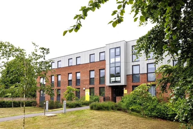 Modern brick building with large windows exterior at Houghall Court in Durham Student Accommodation