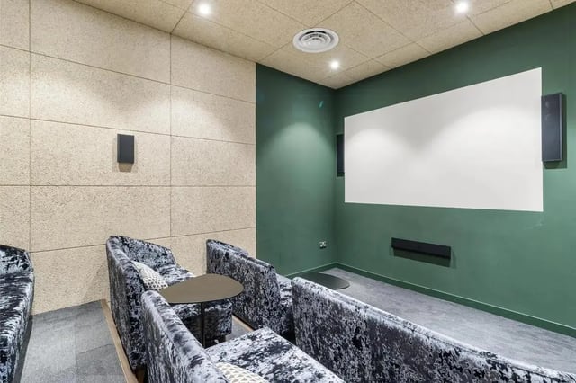 Movie theater seating screen and speakers playing area at Chapter Islington in London Student Accommodation