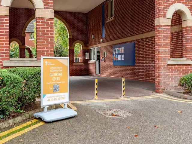 Signage at building entrance exterior at Calthorpe Court in Birmingham Student Accommodation