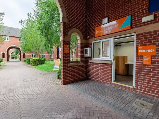Brick reception building with Calthorpe Court signage exterior at Calthorpe Court in Birmingham Student Accommodation