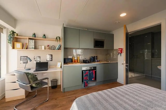 Desk bed kitchen with oven shower room Interior at Redgate in Nottingham Student Accommodation