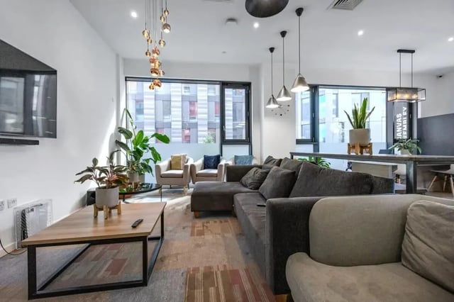 Large sectional sofa coffee table chairs plants living room at Wembley Barnard Point in London Student Accommodation