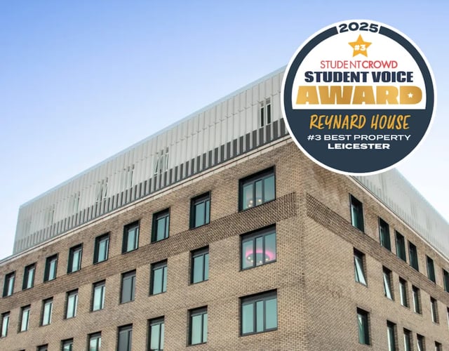 Brick building exterior with award badge exterior at Reynard House in Leicester Student Accommodation