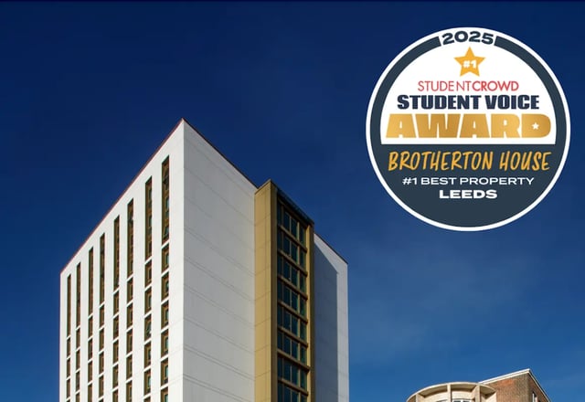 White building with award badge exterior at Brotherton House in Leeds Student Accommodation