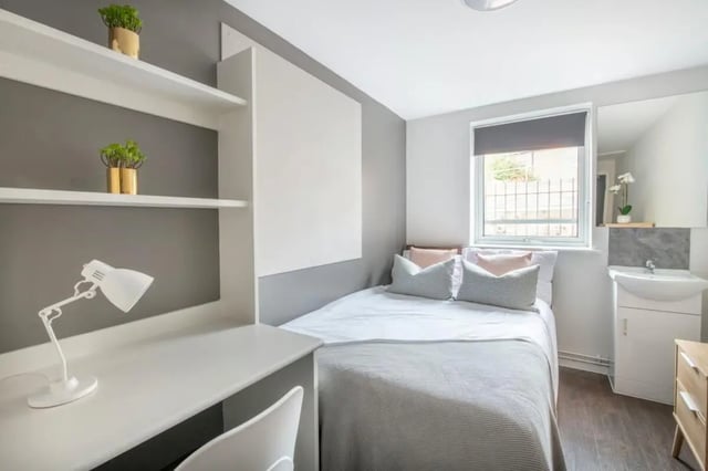 Bed desk shelves sink and window bedroom at 4 Rob Roy House in Nottingham Student Accommodation
