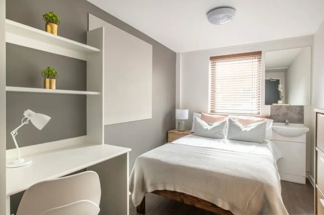 Desk bed plants sink mirror bedroom at 4 Rob Roy House in Nottingham Student Accommodation