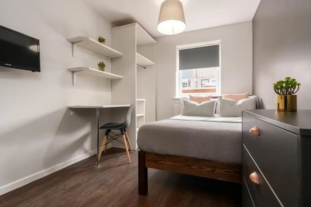 Bed desk closet and television bedroom at 28 Church Street in Nottingham Student Accommodation