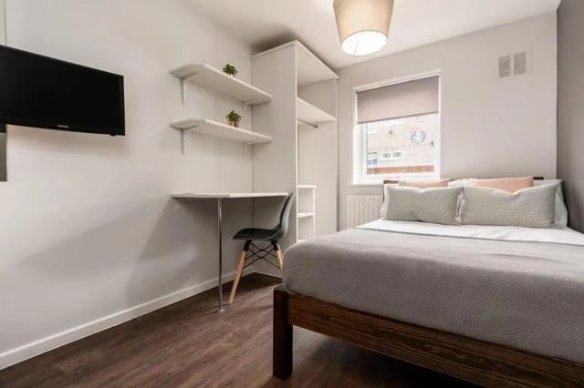 Bed desk chair shelves TV bedroom at 28 Church Street in Nottingham Student Accommodation