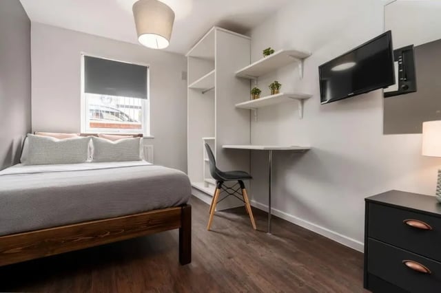 Bed desk shelving TV dresser bedroom at 28 Church Street in Nottingham Student Accommodation