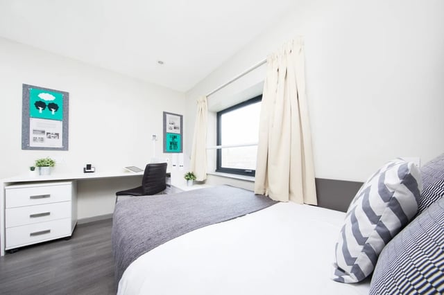 Desk chair bed and desk Bedroom at Grand Central in Liverpool Student Accommodation