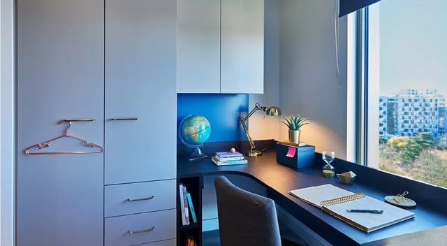 Desk globe lamp hourglass notebook study area at Cumberland Place in Southampton Student Accommodation